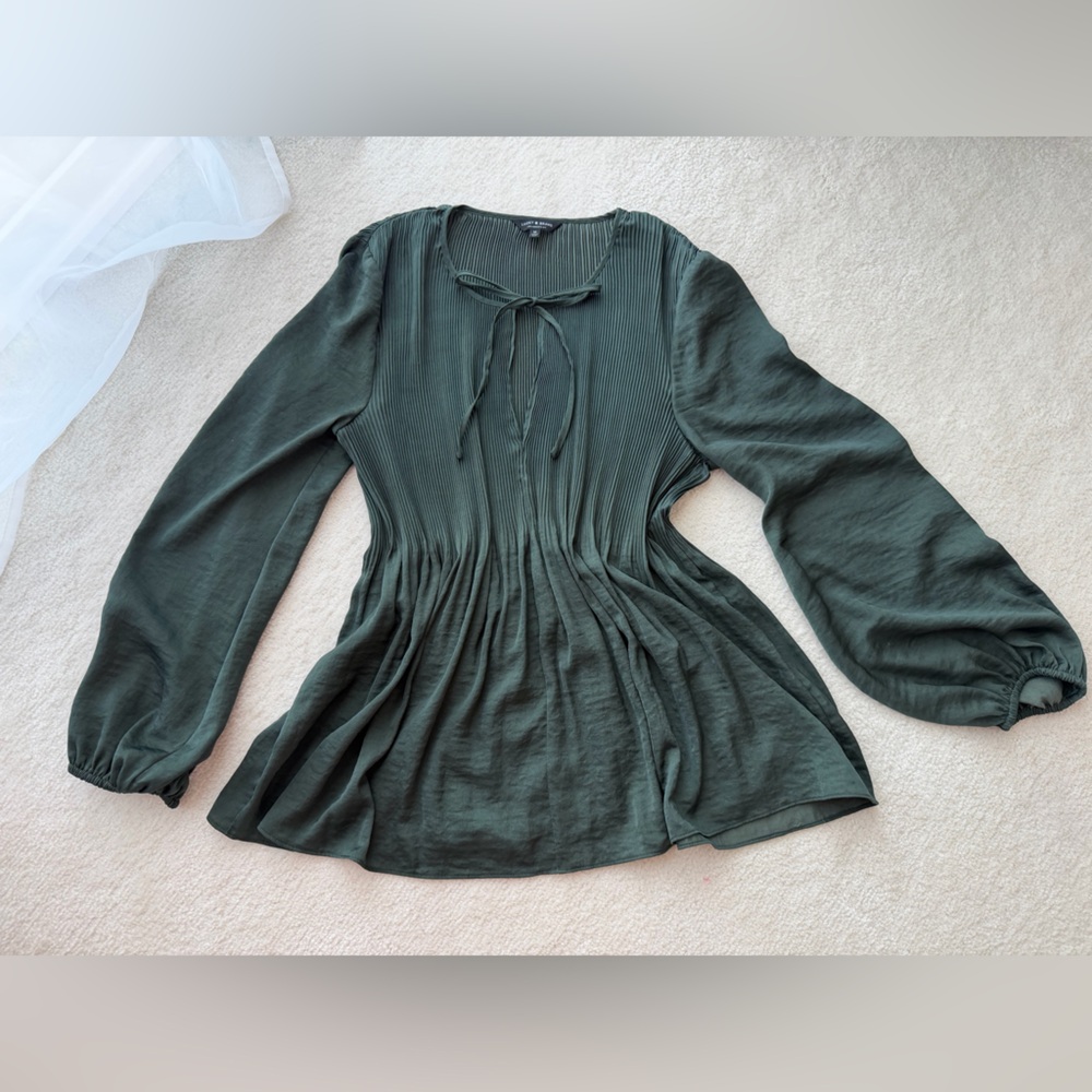 Lucky Brand Forest Green Peplum Bell Sleeves Open Bow Chest Blouse